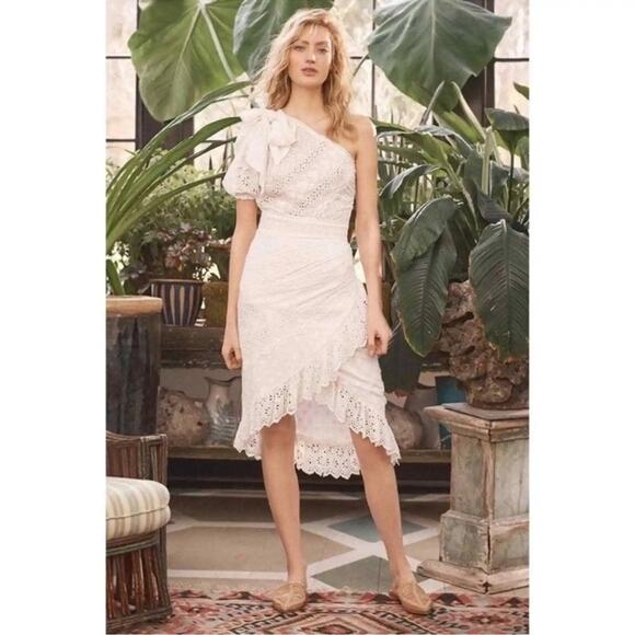 ULLA JOHNSON Gwyneth One Shoulder Puff Sleeve Ruffle Eyelet Midi Dress - Picture 1 of 12
